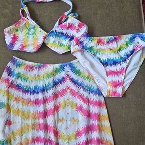 Teen Girls Tie Dye Wrap Bikini Swimsuit With Beach Skirt